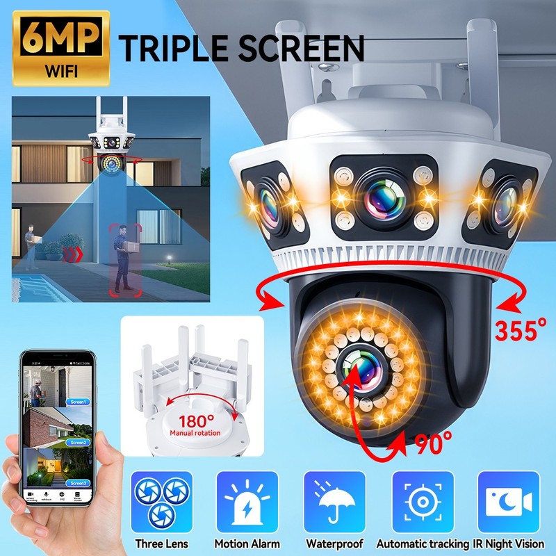 Triple Lens IP Camera Outdoor WiFi Home Security PTZ Night Vision Cam Waterproof gallery