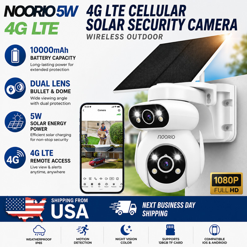 Noorio 4G LTE Solar Security Camera Wireless Outdoor 2K AI Motion Detection