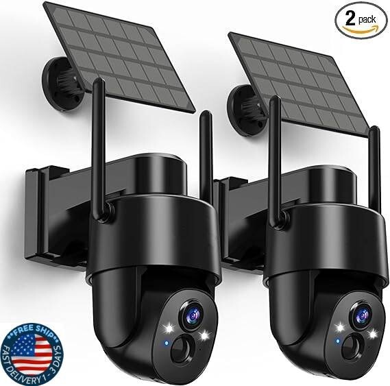 Paquete de 2 cámaras de seguridad solares 2K HD inalámbricas para exteriores.