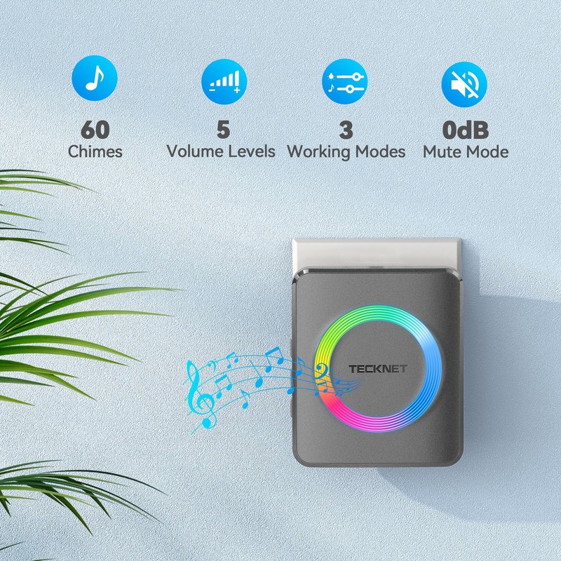 TECKNET Wireless Doorbell with 2 Plug-In 1 button & 2 plug-in receivers, Grey gallery