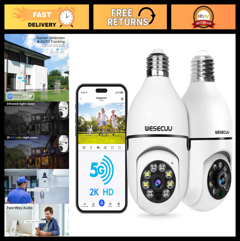 2K Wireless Light Bulb Security Camera – 5G/2.4GHz WiFi, Motion Detection, Night