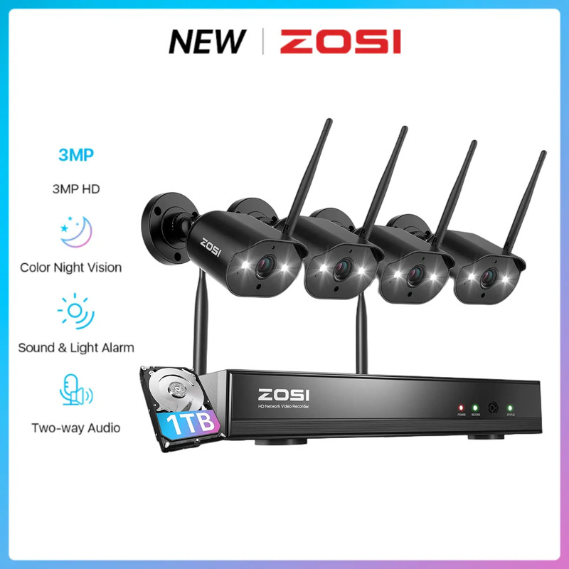 ZOSI 3MP Outdoor Wireless Security Camera System 2K WiFi Home Audio NVR With 1TB