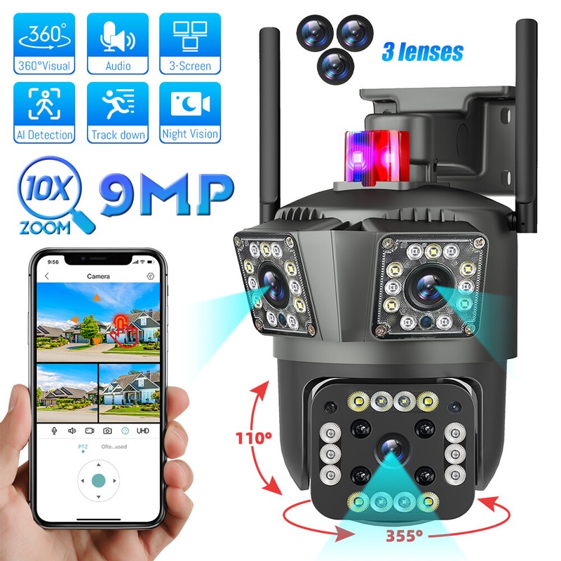 3x 3 Lens HD 9MP WiFilP CameraWireless 360 Outdoor CCTV PTZHome Security lR Cam gallery