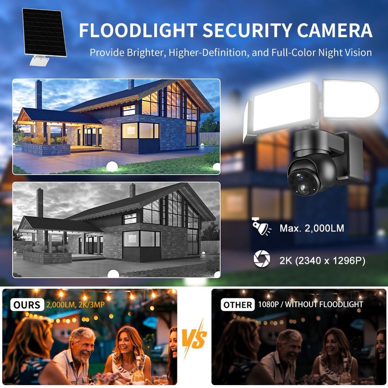 Solar Floodlight Security Camera Wireless Outdoor（64GB SD Card ） 2000LM Spotl... gallery