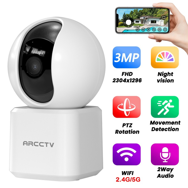 ARCCTV 3MP WIFI Security Cameras Indoor Outdoor Pet/Baby Monitor Pan/Tilt Audio
