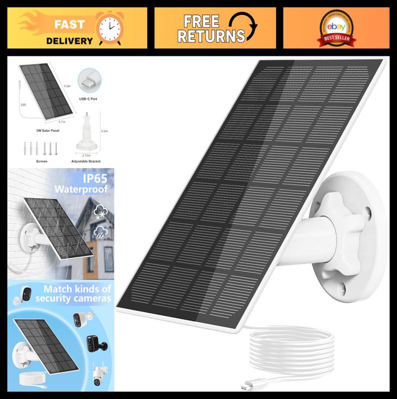 3W Solar Panel for Security Camera, USB-C 10ft Cable, Waterproof, Adjustable Mou