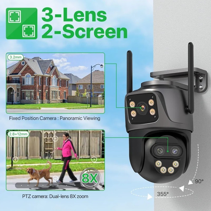 6K 9MP Outdoor WiFi Camera 3-Lens Auto Tracking Dual Screen Security PTZ Cam gallery