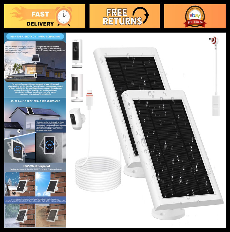 2 Pack 5W Solar Panels for Ring Camera, 10FT Cable, Waterproof & Dustproof, Secu