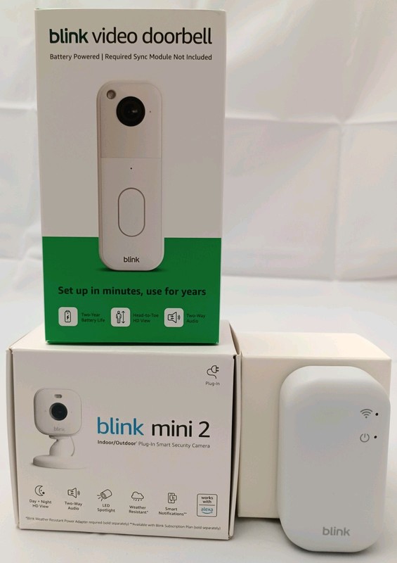 Blink Module, 2 Camera Security System White Video Doorbell & Blink Mini 2