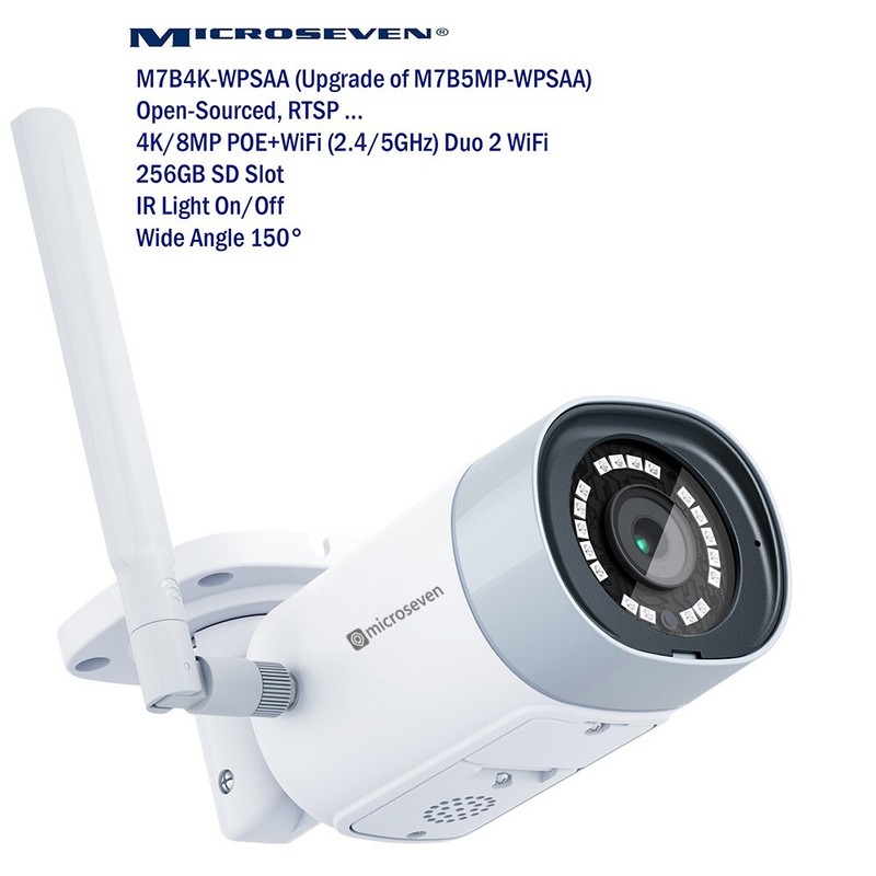 Microseven 4K/8MP Duo 2 WiFi (2.4/5GHz) +PoE IP Camera 2 Way Audio 256GB SD Slot
