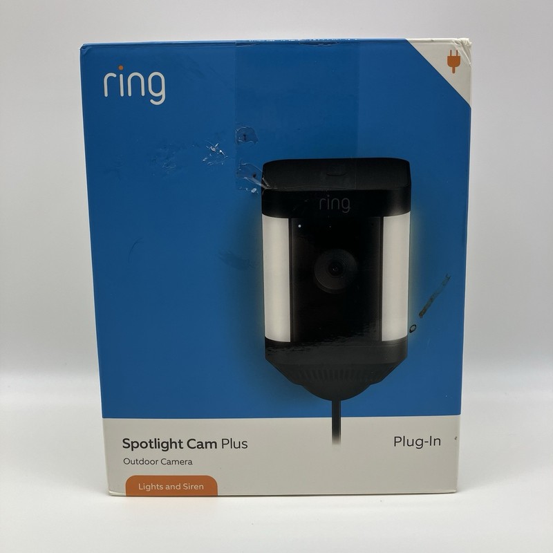 Ring Spotlight Cam Plus Plug-In Outdoor Camera New Open Box Lights Siren HD – N2