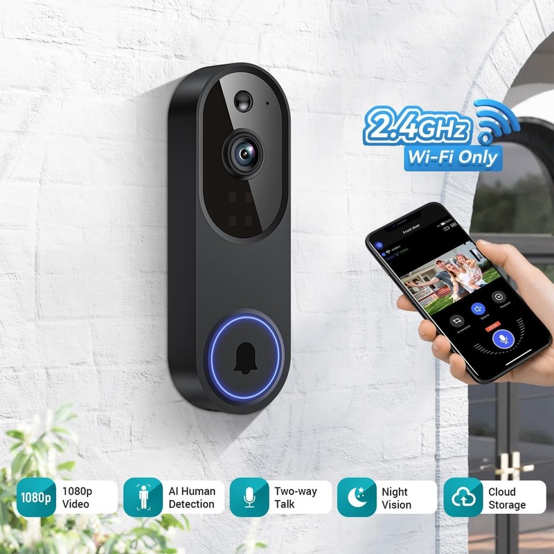 Smart 1080P Video Doorbell Camera with Doorbell Receiver, Live View, AI Human De gallery