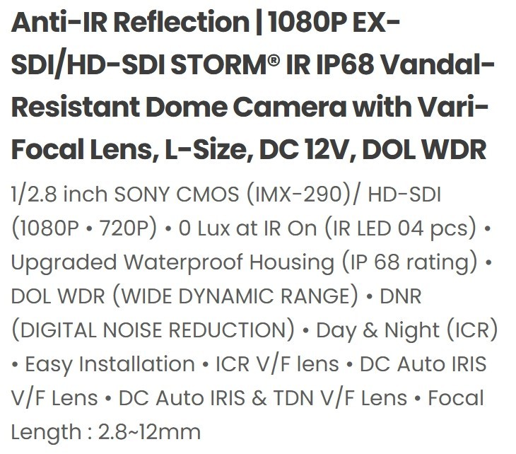 Eyemax UVI-2544DLV HD-SDI, EX-SDI Vandal Proof Storm Dome Camera 2.8-12mm WDR gallery