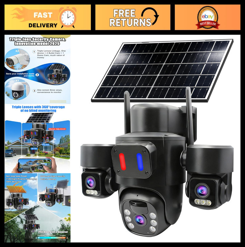 Wireless Solar Security Camera Outdoor, 360º PTZ, 3MP HD, Color Night Vision, No