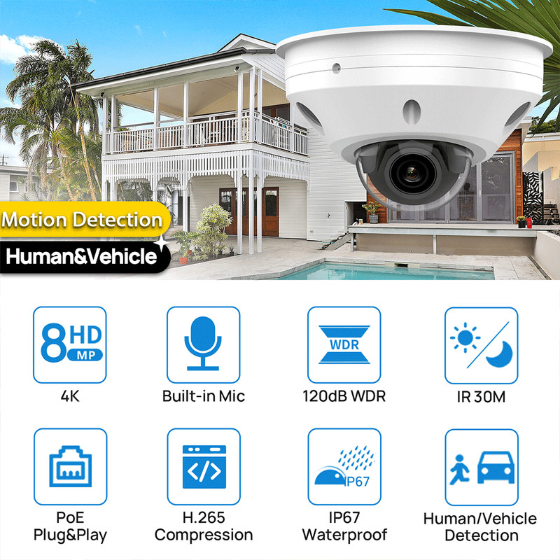 VIKYLIN 8MP 4K IR Dome Security IP Camera Motion Detection Waterproof MIC POE gallery
