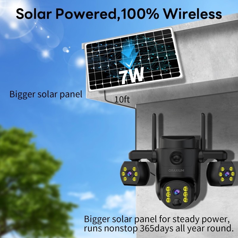 Solar-Powered Triple Lens Security Camera with Smart Motion Alerts & App Control gallery