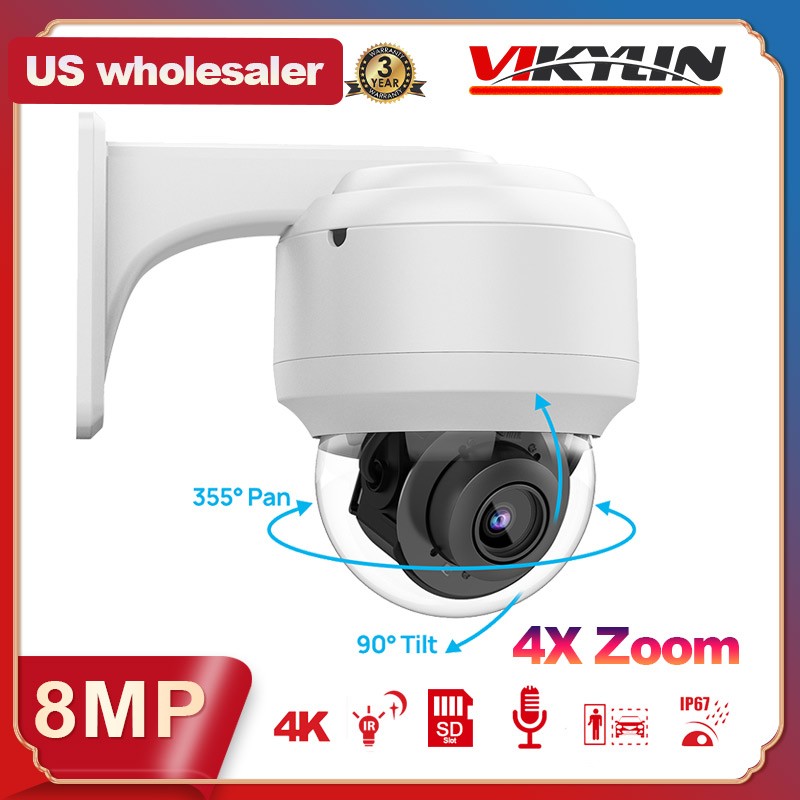 Vikylin 4K 8MP PTZ 4x Zoom Security IP Camera IR 30M MIC Home Security Dome POE