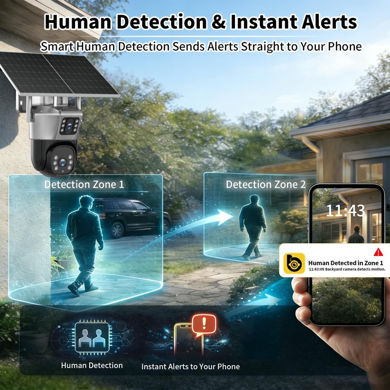 4G Solar Security Camera, 2K Dual-Lens Outdoor Camera Wireless with Human Det... gallery