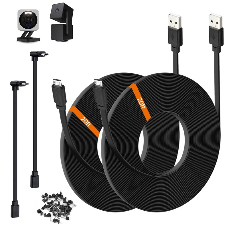 2 PCS 20 FT Black Flat USB To Micro Power Extension Cable For Wyze Cam v3 v4