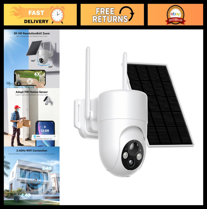 2K Solar Wireless Outdoor Security Camera, 360° View, Color Night Vision, Batter