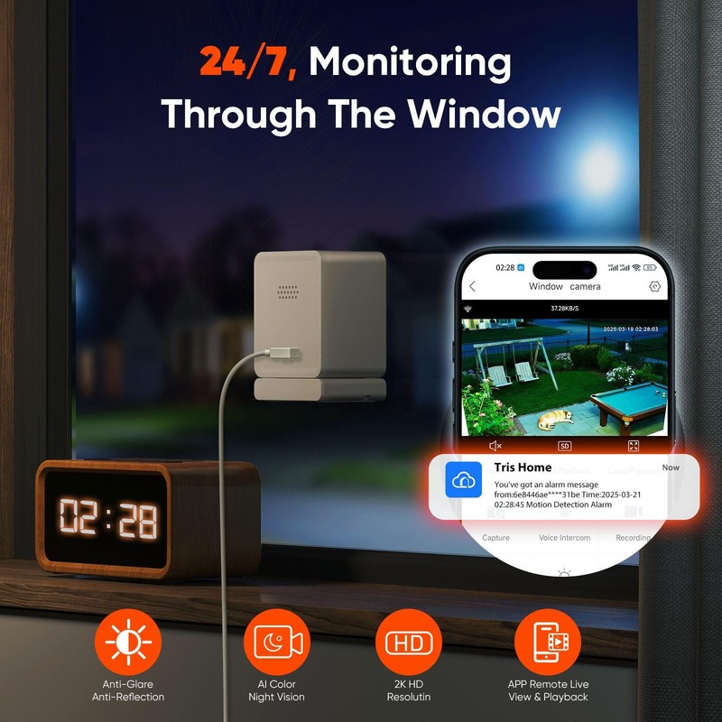 Window Camera, 3MP 2K Home Security Camera for Indoor Glass Monitoring, 2.4GH... gallery