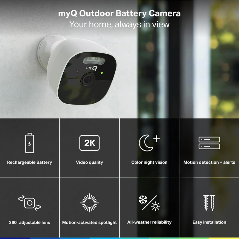 Myq Outdoor Battery Camera | 2K Camera, Color Night Vision, Spotlight, Motion Al gallery