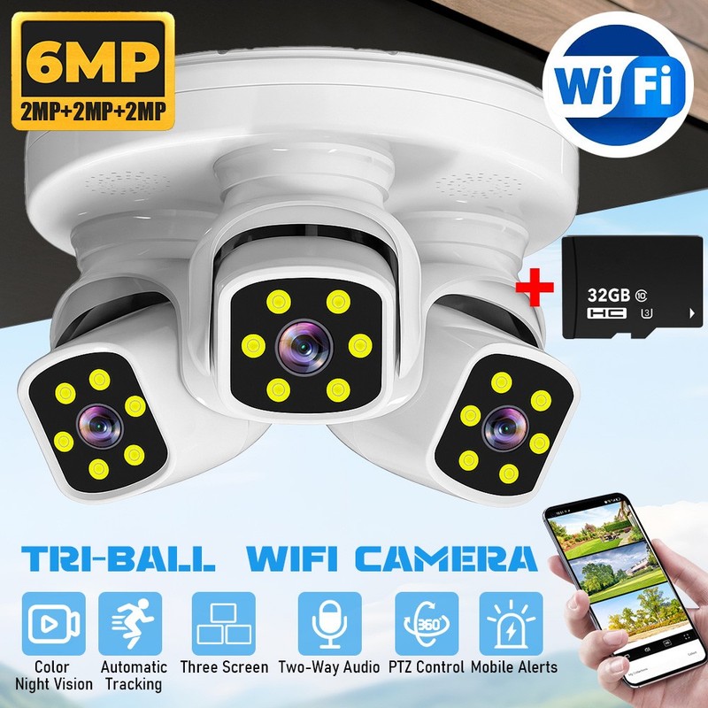 6MP WIFI Camera Three Lens Auto Tracking 360° PTZ Security Night Vision Camera