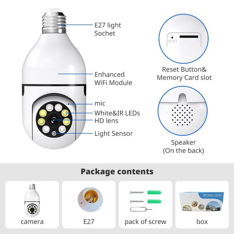 2X 360° 1080P IP E27 Light Bulb Camera WiFi IR Night SmartHome Wireless Security gallery