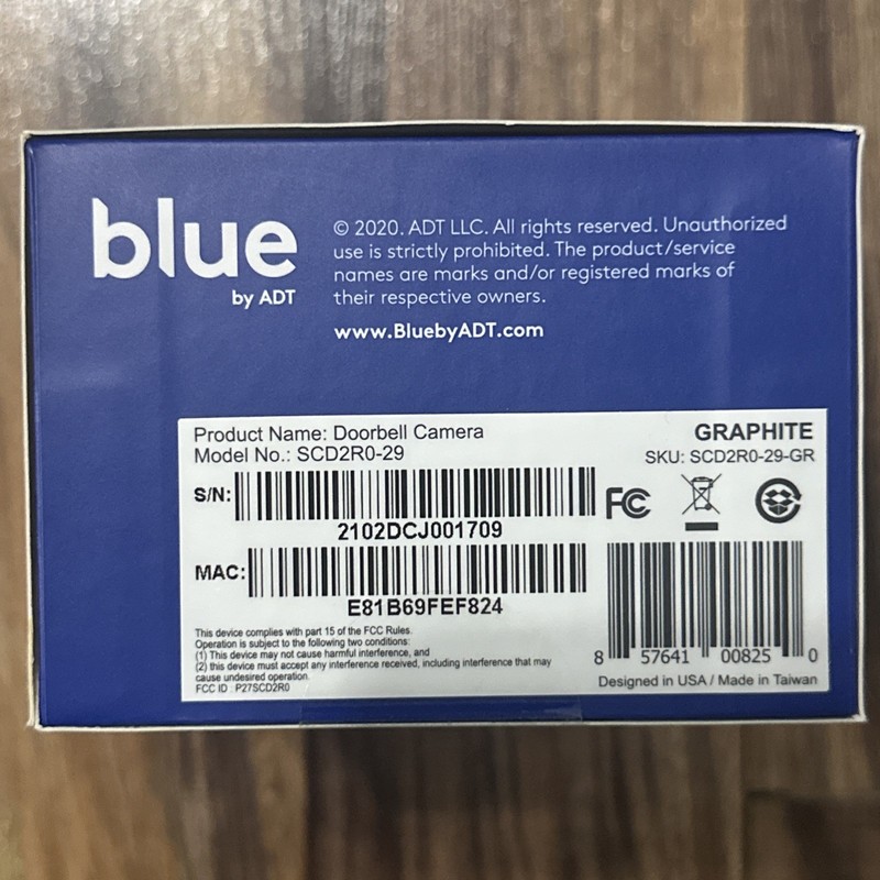 NEW SEALED BLUE BY ADT DOORBELL CAMERA GRAPHITE Model No: SCD2R0-29 gallery