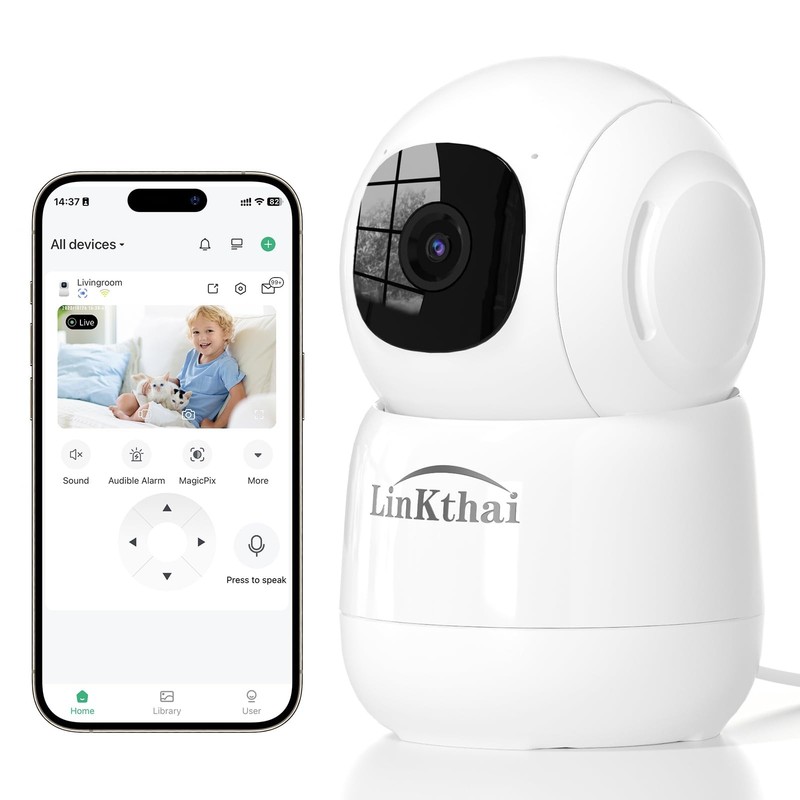 Linkthai Camera for Home Security, 4MP Pet with Speaker 1ps, White
