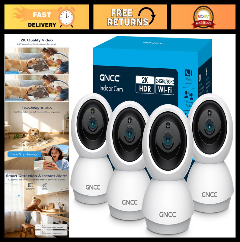 2K WiFi Indoor Security Cameras – 360° Motion Detection, Night Vision, 2-Way Aud