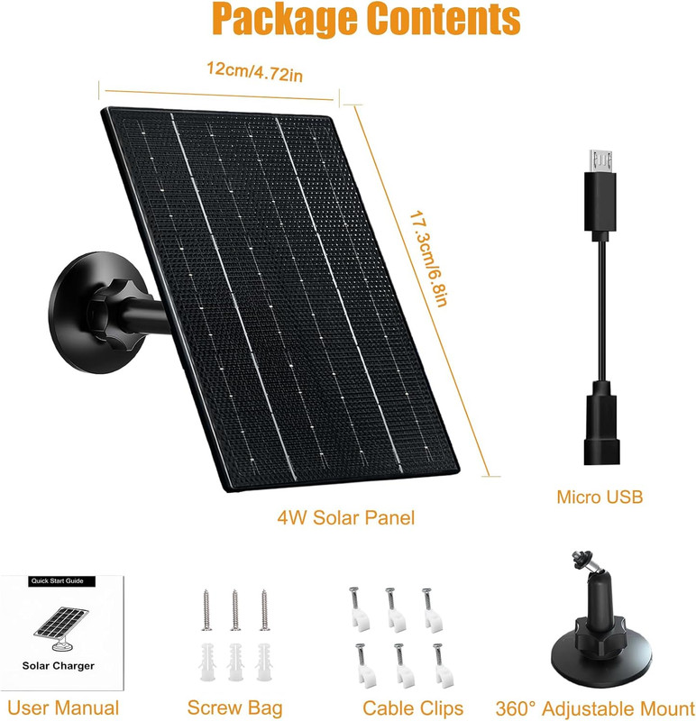 4W Solar Panel for Security Camera, USB-C & Micro USB Solar Charger gallery