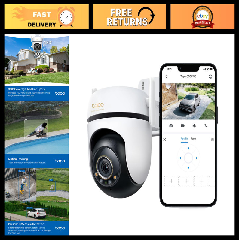 5MP Outdoor Wi-Fi Security Camera - 360° Pan/Tilt, Night Vision, IP66, Alexa/Goo