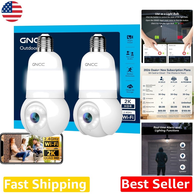 Outdoor 2K HD Security Camera Light Bulb, 2-Way Audio, Alexa/Google, Free SD …
