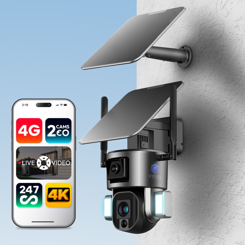 4G Security Camera 4K Video 2 Cams Dual Solar Outdoor 24/7 Recording PTZ 360 SIM