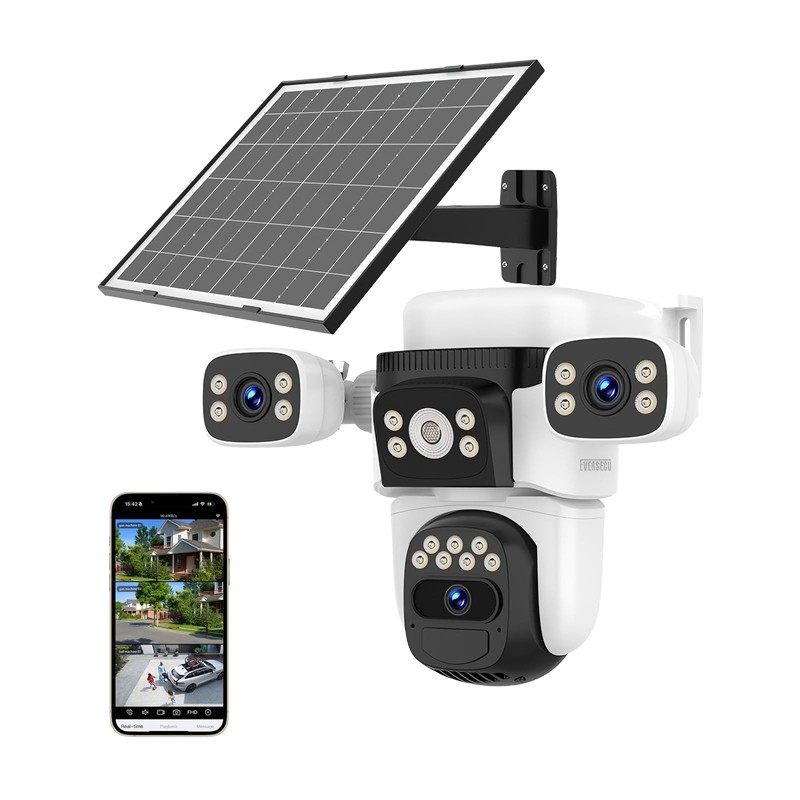 Solar Wireless Triple Lens WiFi PTZ Security Camera, Three Cameras in One, Si…