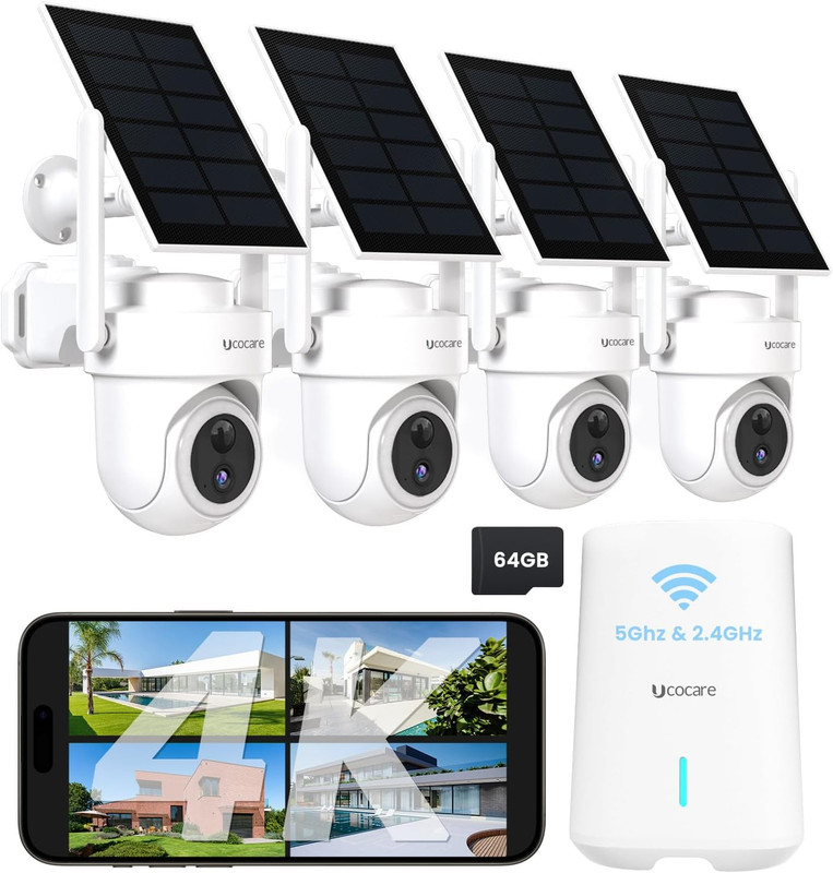4K Solar Security Camera System, 4-Cam Wireless Kit, 300M WiFi, No Subscription