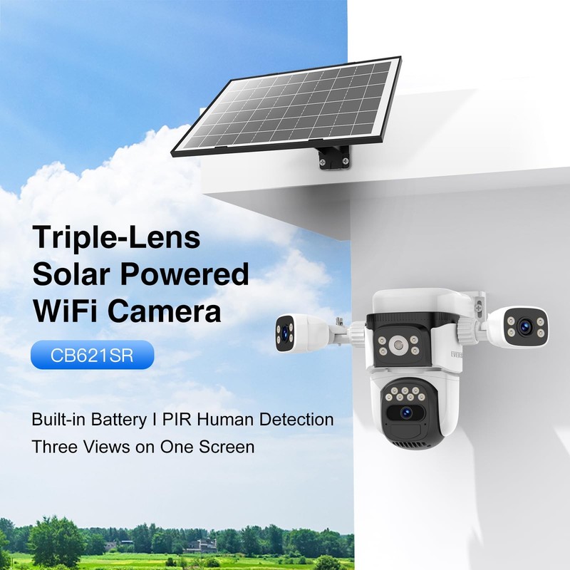 Solar Wireless Triple Lens WiFi PTZ Security Camera, Three Cameras in One, Si... gallery