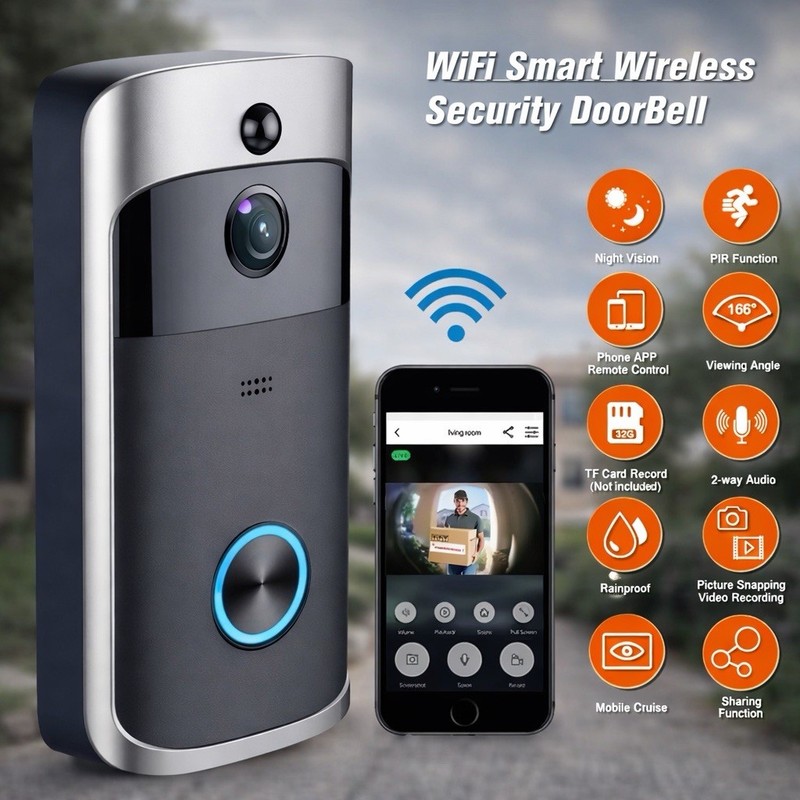 WiFi Ring Doorbell 720P HD Security Camera Wireless Video Door Bell Camera Black