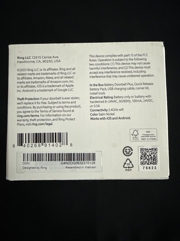 Ring Battery Doorbell Plus 1536p HD Video Head-to-Toe View NEW SEALED BOX gallery
