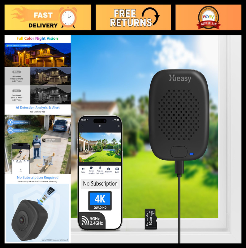 8MP 4K Indoor/Outdoor Window Camera, Magnetic, Color Night Vision, AI Detection,