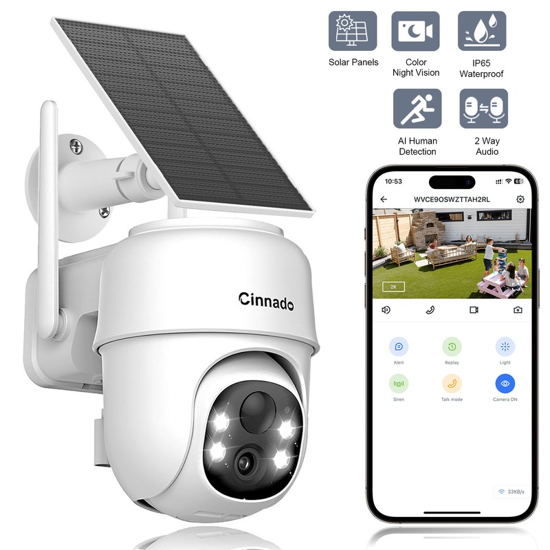 Cinnado 2K 4MP Solar Security Camera Outdoor 360° PTZ Wireless WiFi Solar Camera gallery