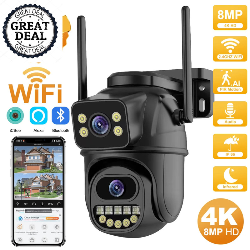 Wifi PTZ Camera Dual Lens Screen AI Auto Tracking IP Camera CCTV P2P Icsee NEWW