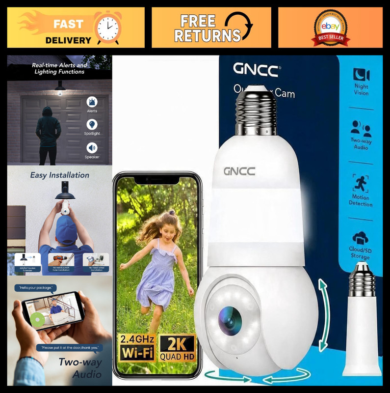2K WiFi Outdoor Security Camera Light Bulb | 360° View, Night Vision, Motion Det
