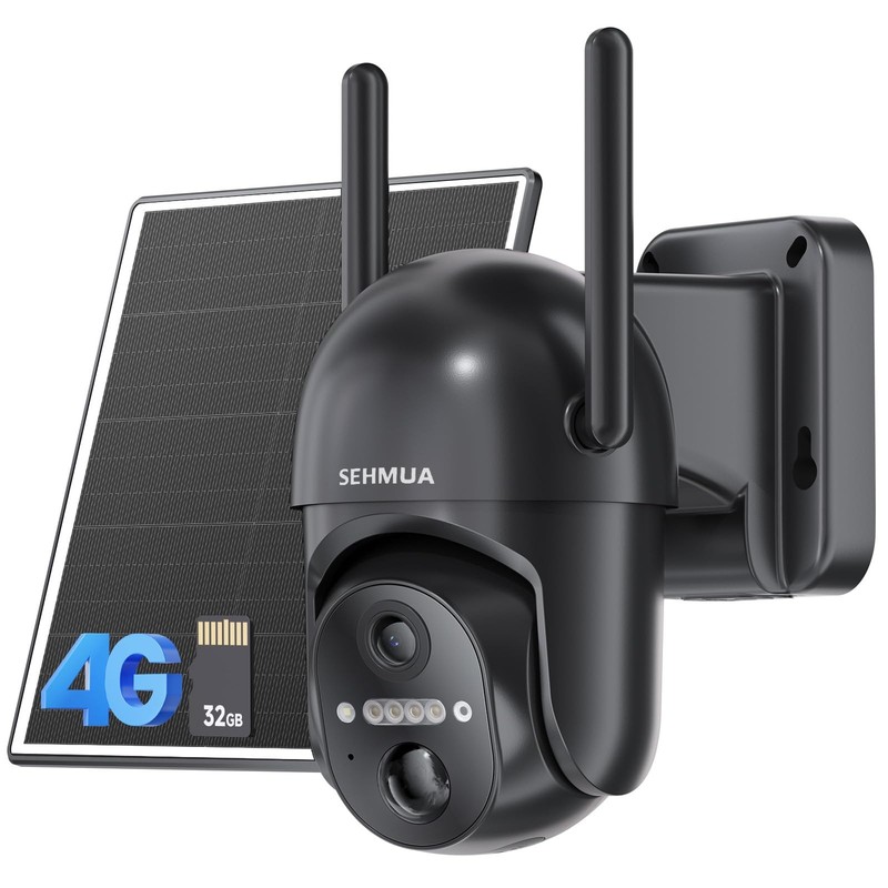 SEHMUA 4G LTE Cellular Solar Security Camera Wireless Outdoor, No 4G, Black