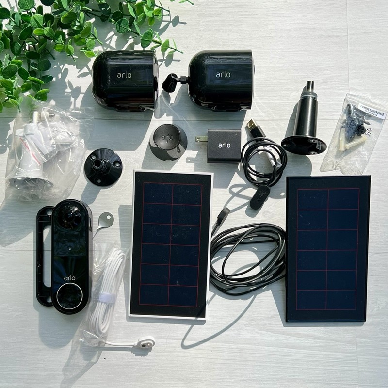 Arlo Doorbell 2 Pro 4 Outdoor Cameras 2 Solar Panel Chargers Security + Extras