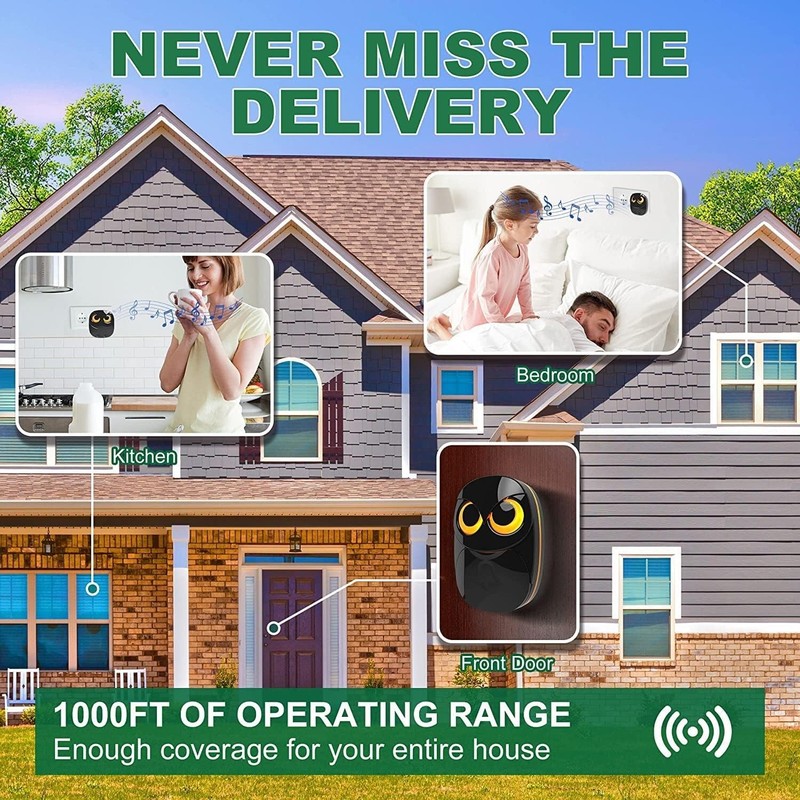 Wireless Doorbell, Cute Owl Doorbell 1 Receiver + 1 Transmitter - Black gallery