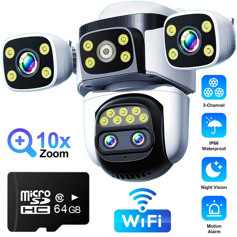 10K 20MP 4-Lens PTZ Home Outdoor Camera 10X Zoom WiFi CCTV Comes With 64GB Card
