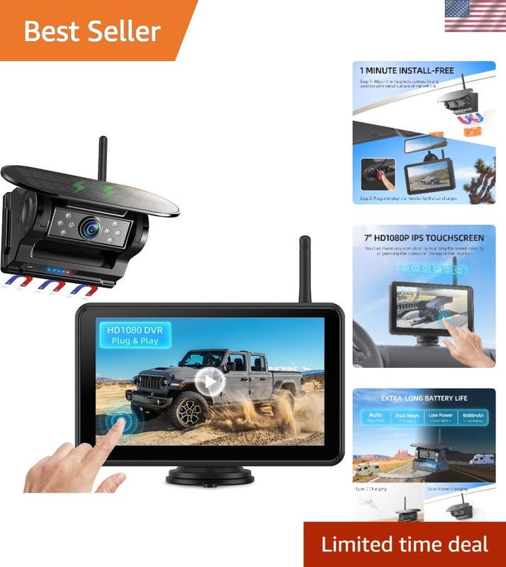 Magnetic Solar Wireless Backup Camera: HD1080P 7” Touchscreen Portable with D…