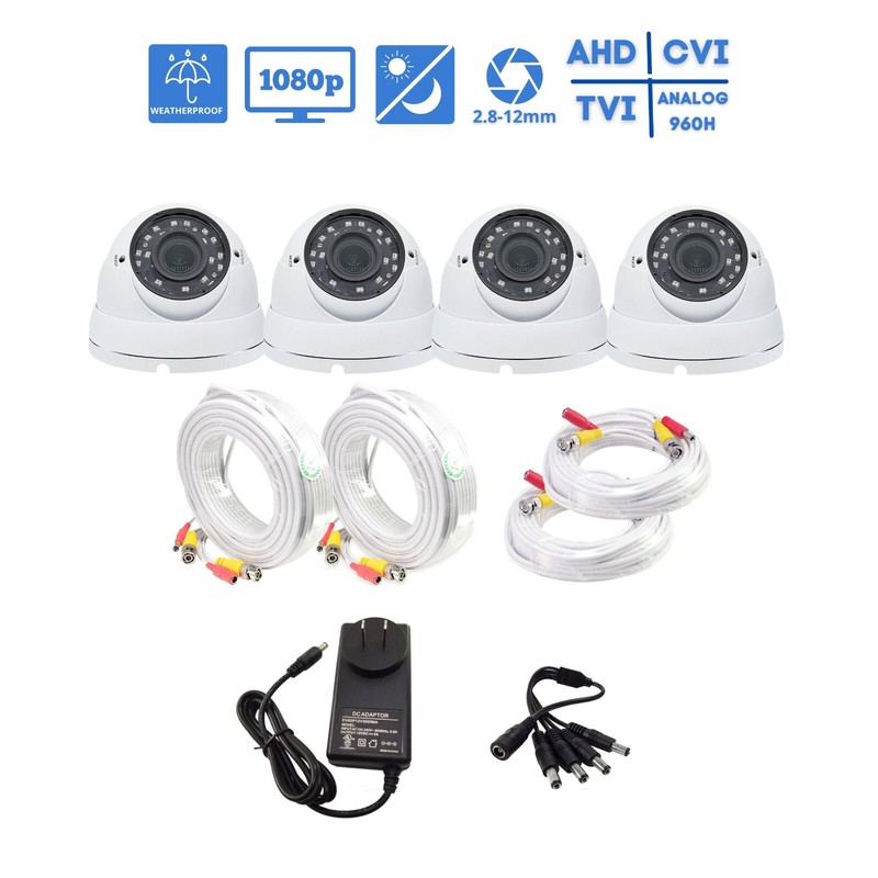 4 Pcs HD Dome Security Camera Video Power Cable and Power Adapter with Splitter